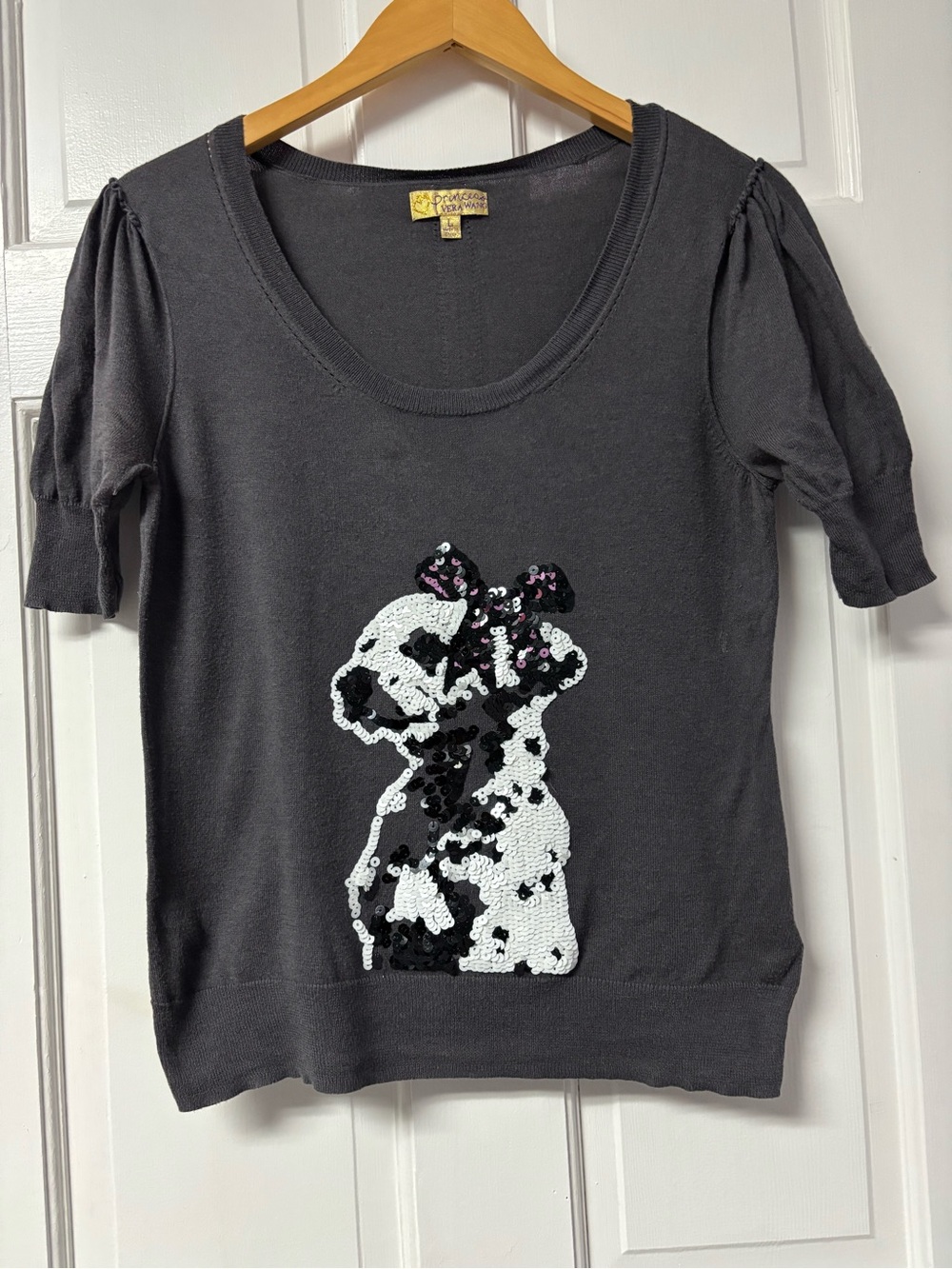 Princess Vera Wang Womans LG Grey short sleeve Top W/Black/White/Purple Dog